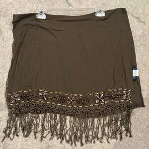 Sue Wong Silk Scarf Shawl Large Army Green Olive Brown Gold Lace Hand Beaded #4